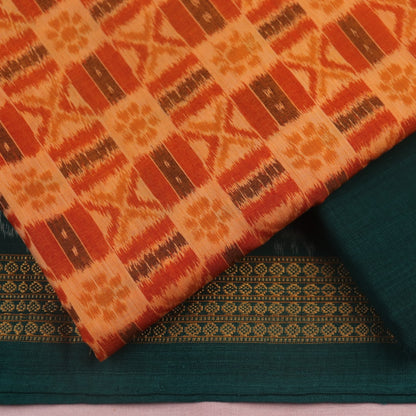 Blouse piece detail of the rust and green Sambalpuri cotton dress material with motifs.