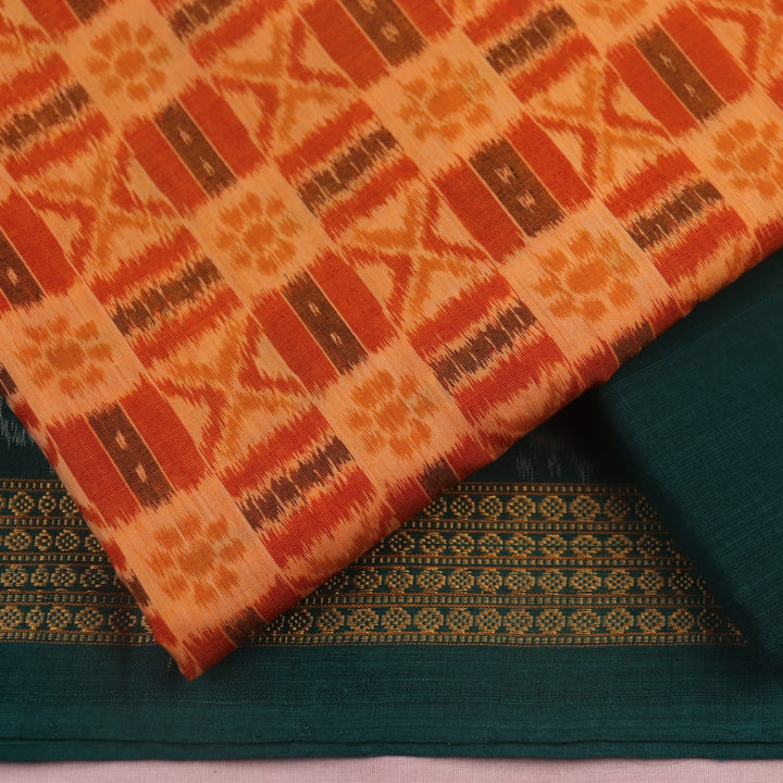 Blouse piece detail of the rust and green Sambalpuri cotton dress material with motifs.