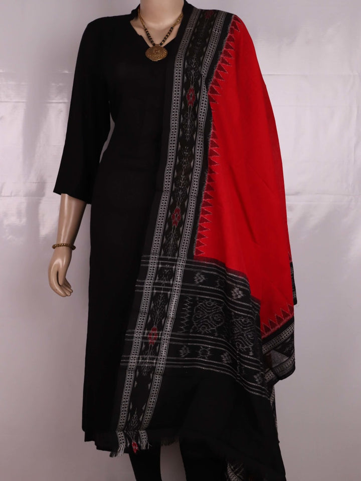 Sambalpuri Cotton Dupatta in Red and Black, with a plain pattern, draped for styling.