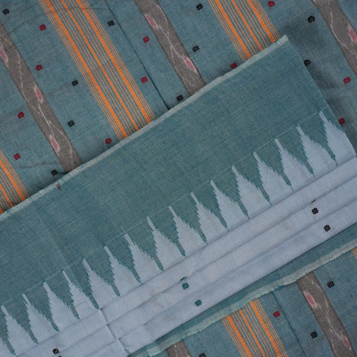 Full layout view of the blue and green Sambalpuri cotton saree showcasing the entire butta design