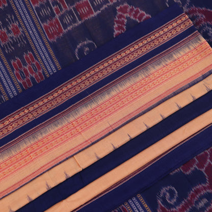Cream cotton Bomkai saree with blue butta pattern, full view.