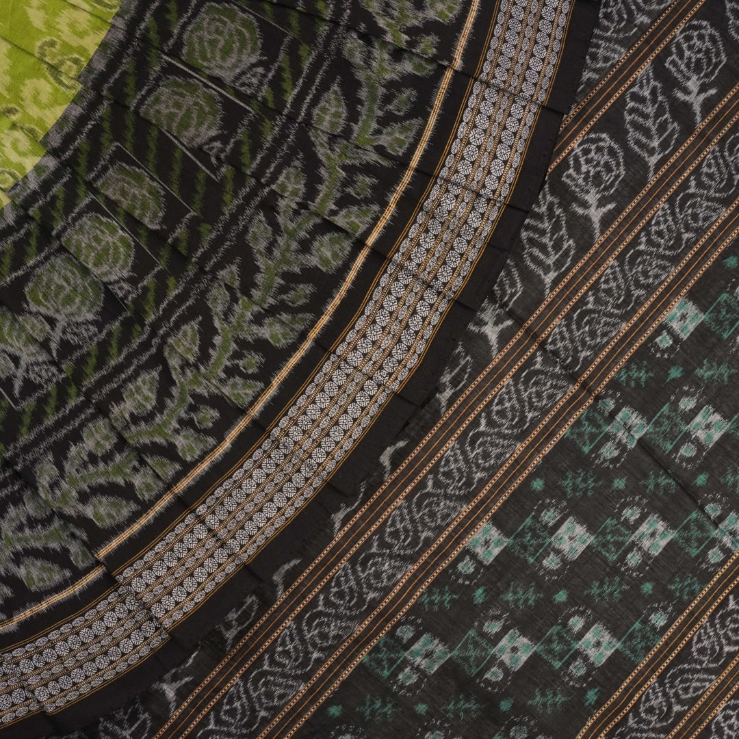 Full flat layout of the green and black Sambalpuri cotton saree with detailed motifs and pallu design