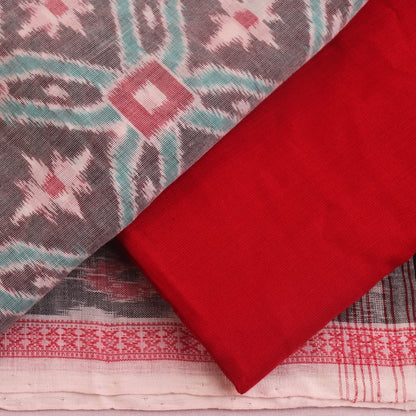 Grey Sambalpuri cotton dress material with red motifs: Detail of matching blouse piece.
