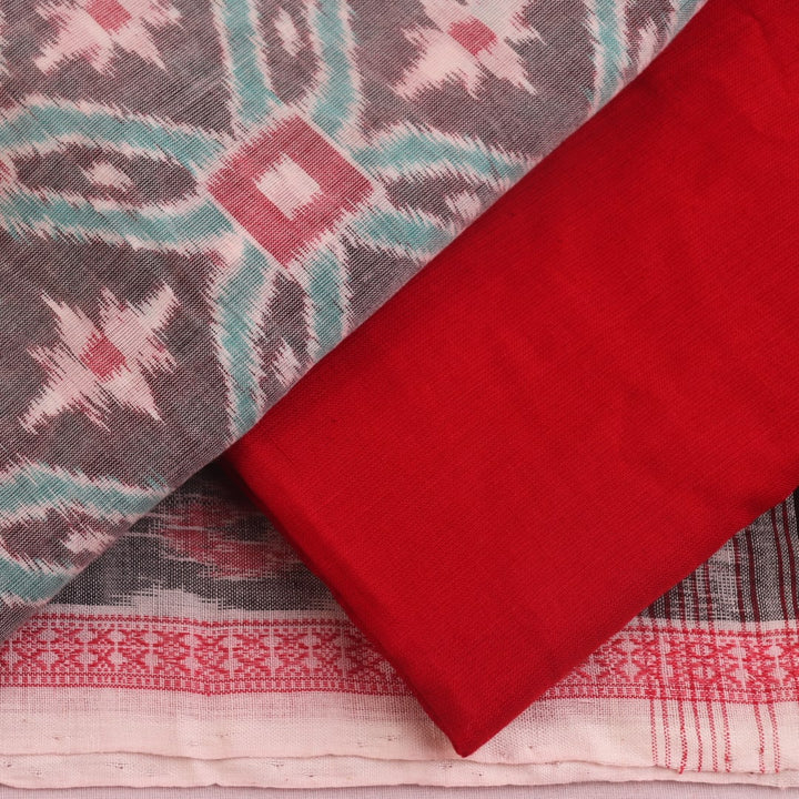 Grey Sambalpuri cotton dress material with red motifs: Detail of matching blouse piece.