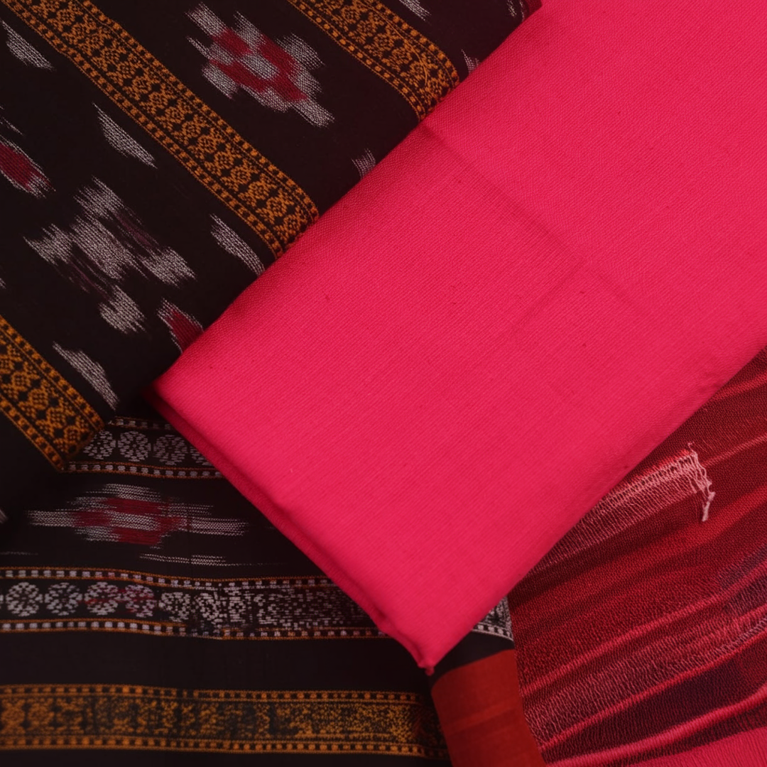 Detail of black and pink Sambalpuri cotton dress material's blouse piece or accessories with motifs.