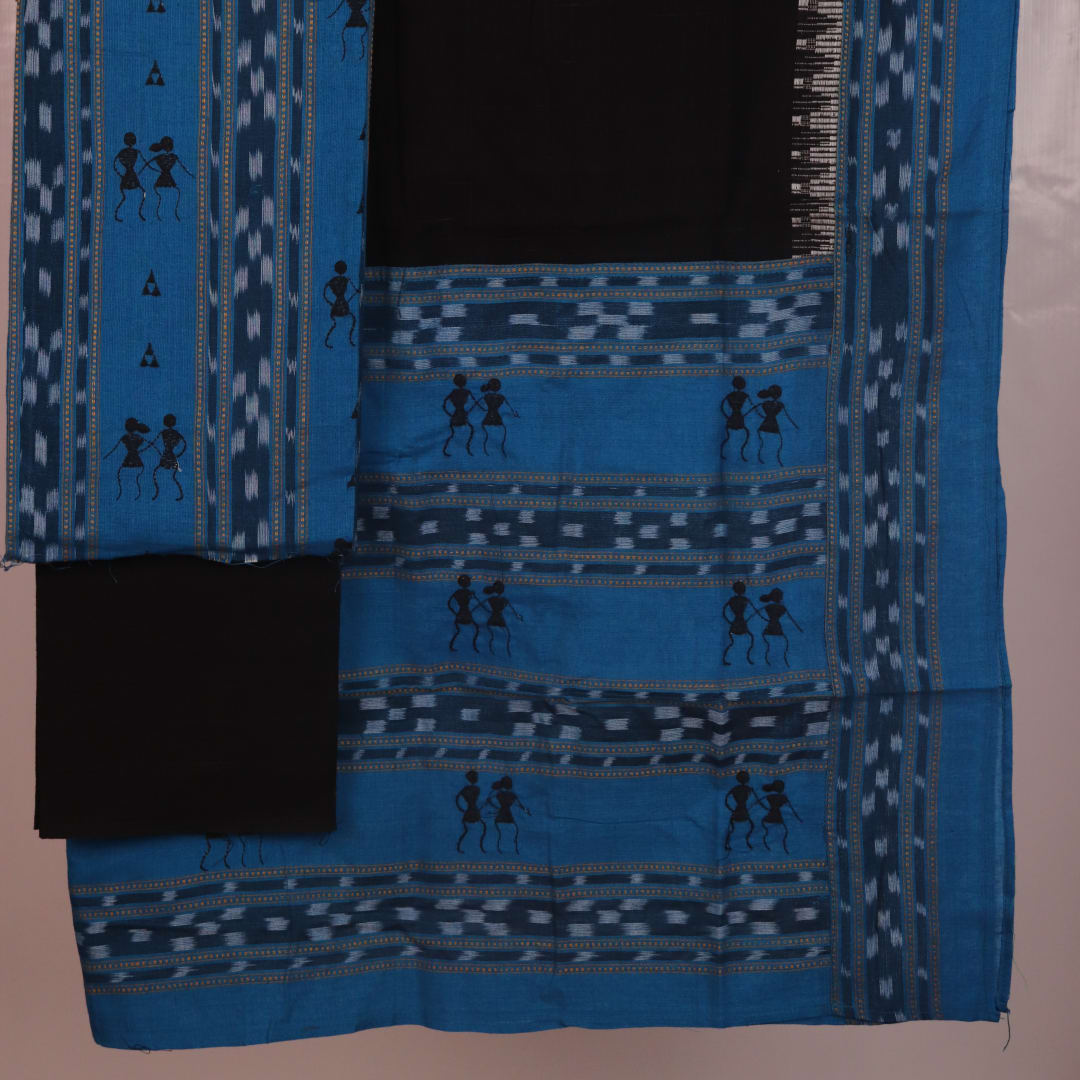 Blue and black Sambalpuri cotton dress material: Blouse piece detail with motifs.