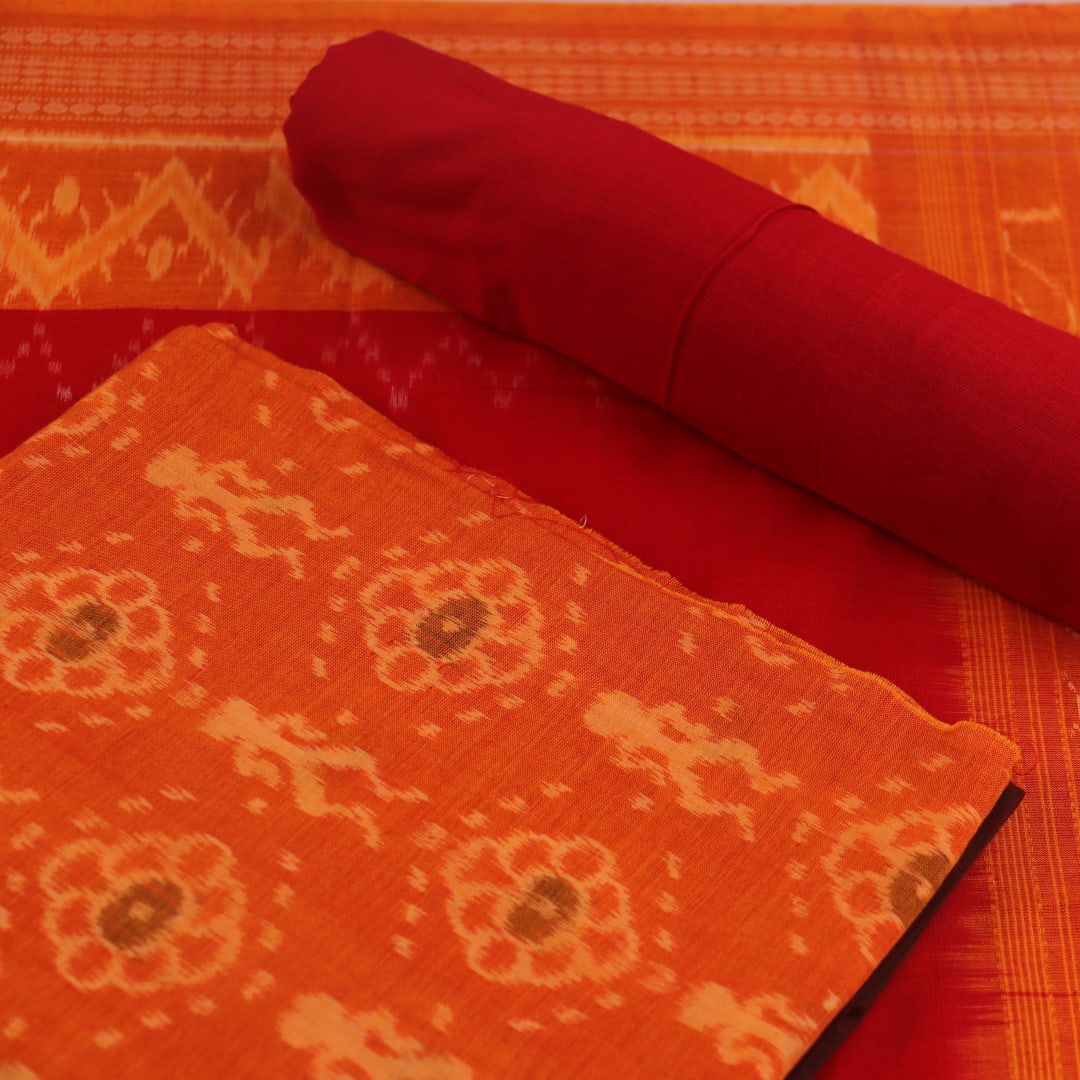 Handloom Rust Sambalpuri Cotton Dress Material with Red border