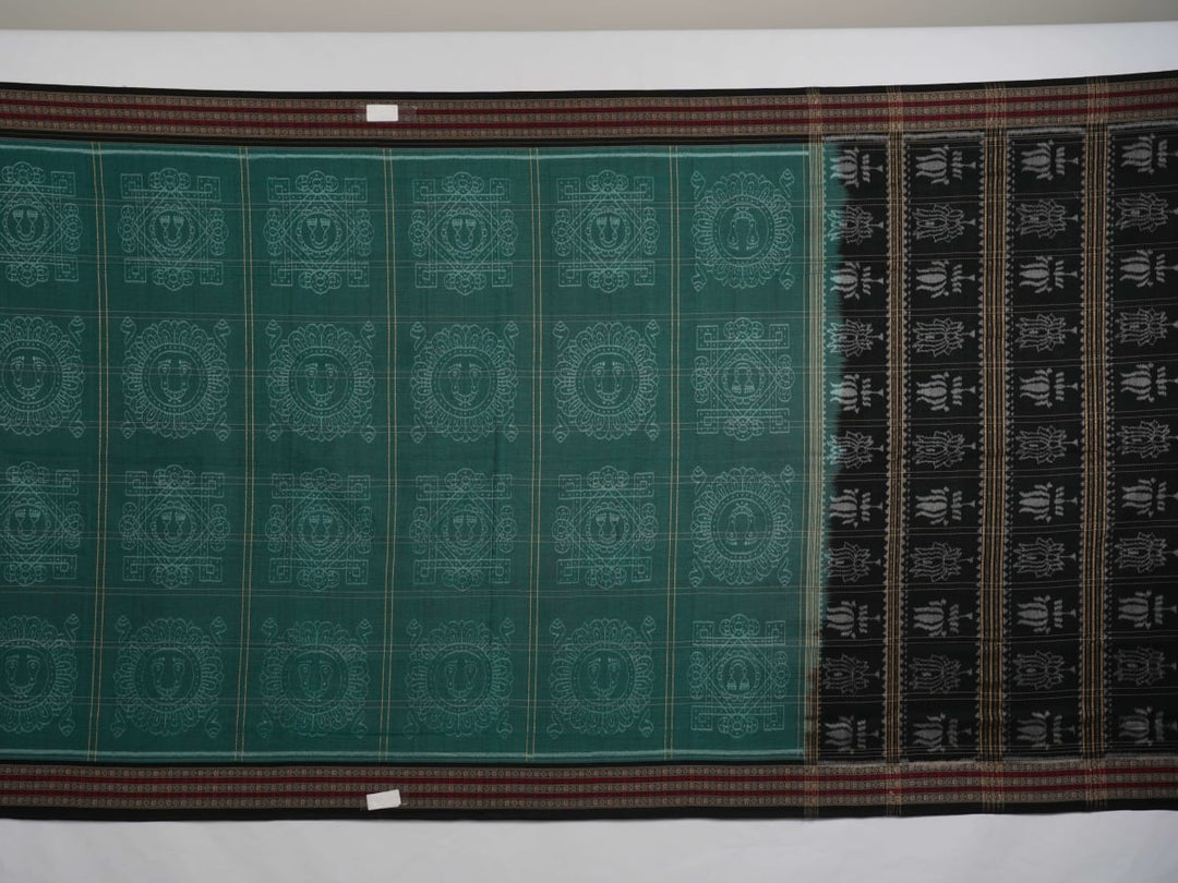 Full layout of the green and black Sambalpuri cotton saree showcasing the pallu and body patterns.