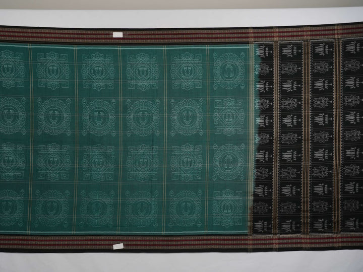 Full layout of the green and black Sambalpuri cotton saree showcasing the pallu and body patterns.