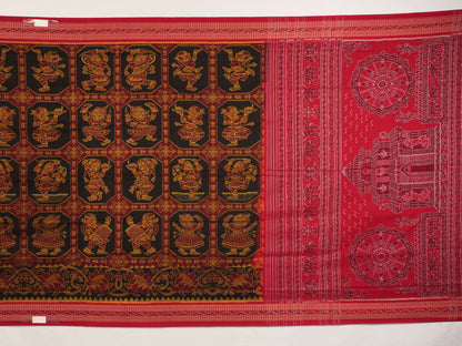 Full layout of the black and red Sambalpuri cotton saree showcasing the complete body pattern and pallu.