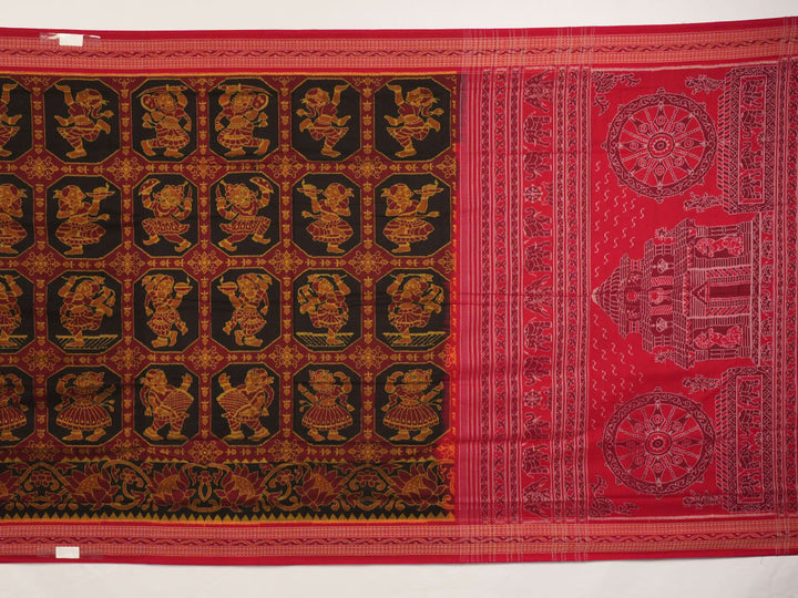 Full layout of the black and red Sambalpuri cotton saree showcasing the complete body pattern and pallu.