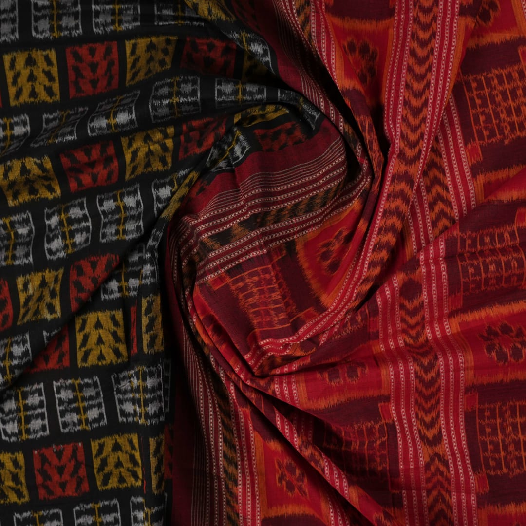 Full layout of the black and red Sambalpuri cotton saree displaying the complete pattern and border design.