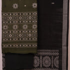 Detail of coordinating black Bomkai cotton blouse piece for green dress material.
