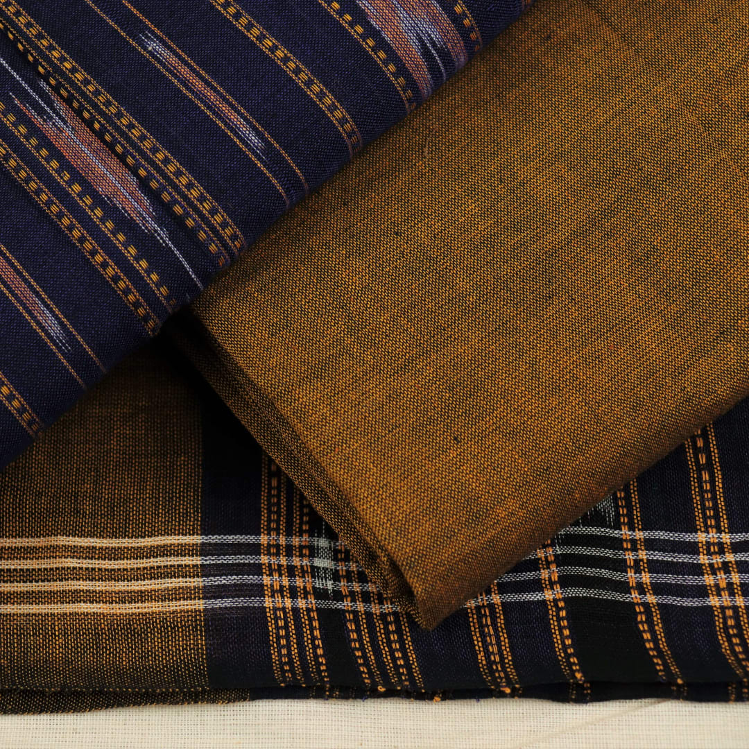 Blue and black cotton dress material with traditional Sambalpuri motifs on the blouse piece