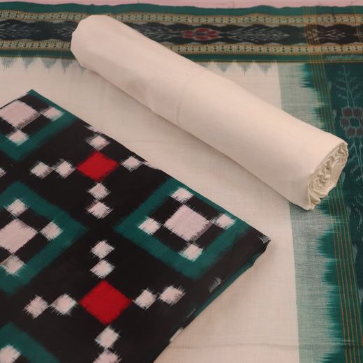 Black Pasapalli Sambalpuri Cotton Dress Material with White Border