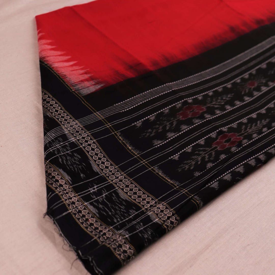 Image 5: Styled view of a Red and Black plain-patterned Sambalpuri Cotton Dupatta