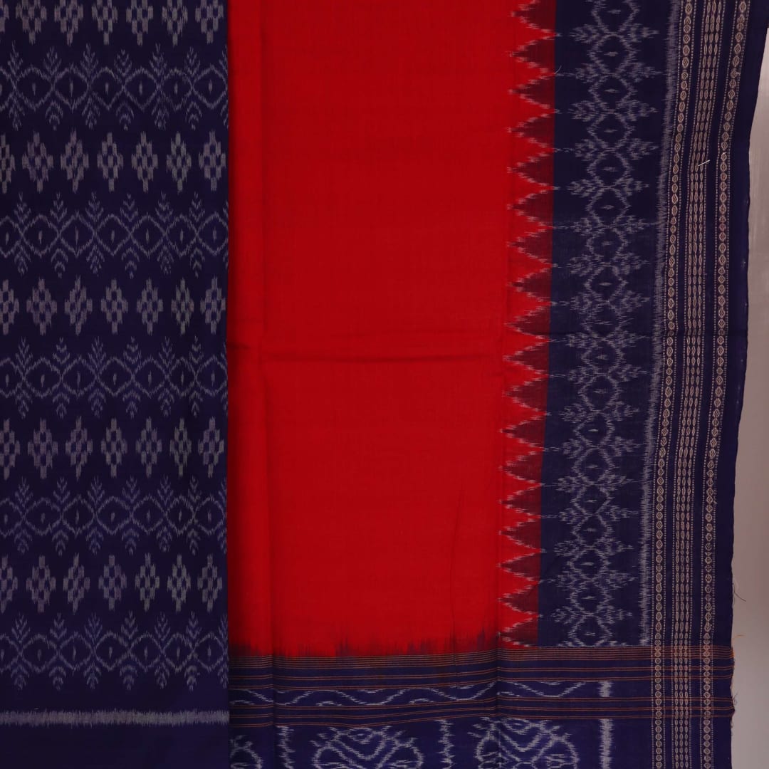 Close-up of Sambalpuri Cotton Dress Material in Blue with Red Motifs, displaying the blouse piece