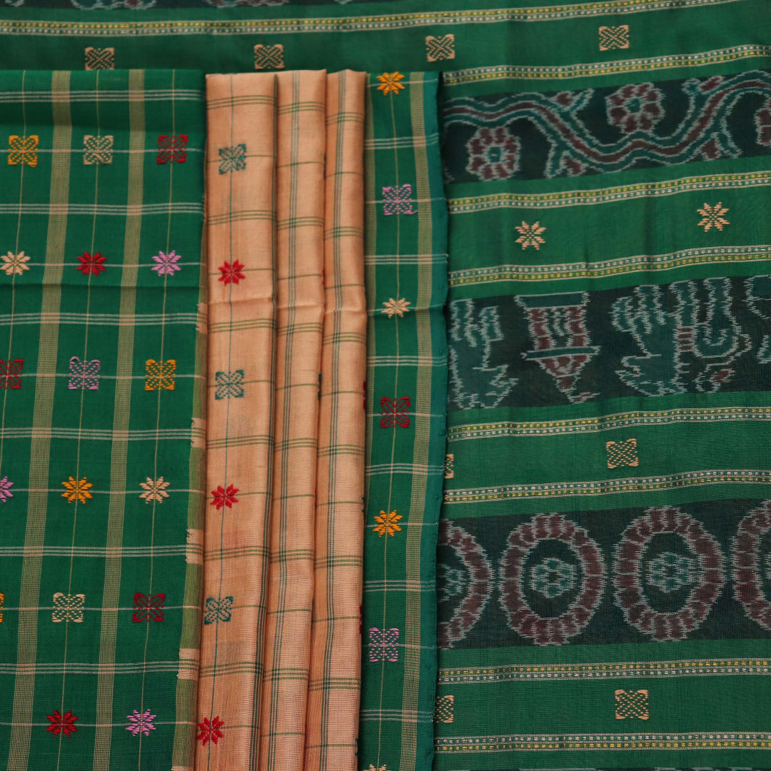 Full view of a Cream and Green Cotton Sambalpuri Butta Saree