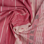 Full length view of a white and multi-color striped Sambalpuri cotton saree showing the complete design.