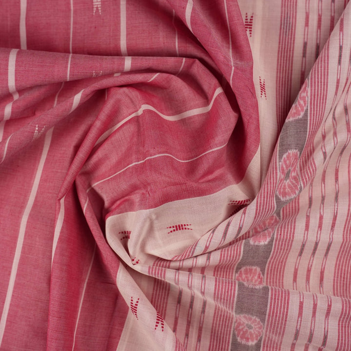 Full length view of a white and multi-color striped Sambalpuri cotton saree showing the complete design.