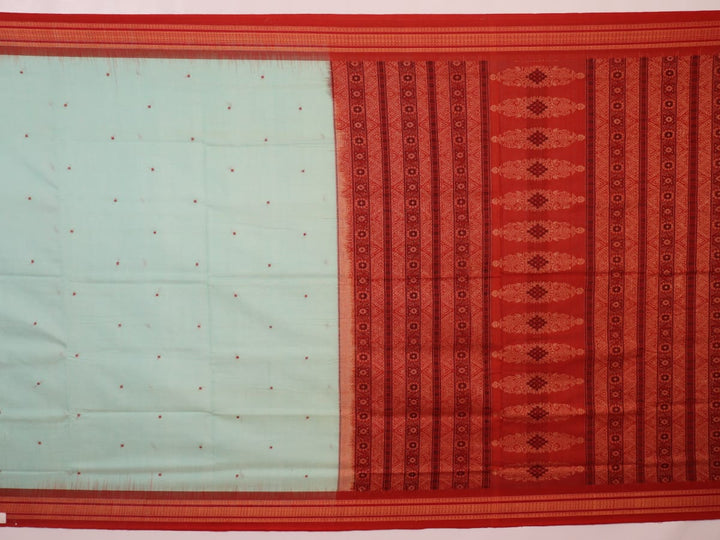 Full view of a handloom green and rust Bomkai cotton saree with butta pattern.