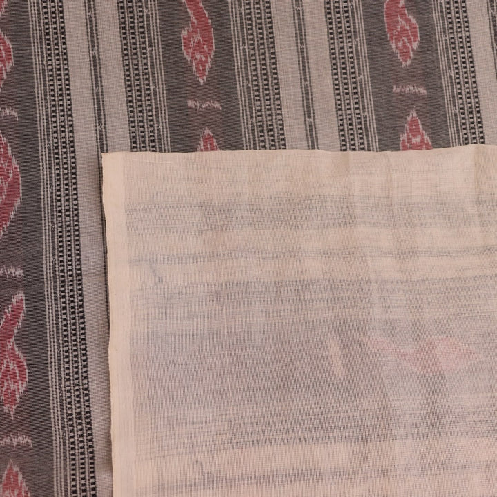 Full view of a plain black and white Sambalpuri cotton handloom saree.