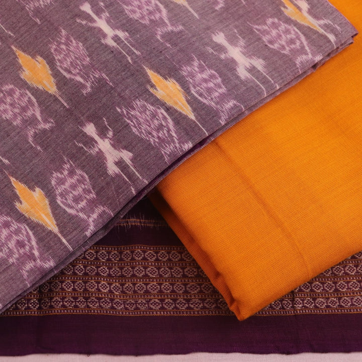 Sambalpuri cotton dress material: Multi-color and yellow motif blouse piece detail.