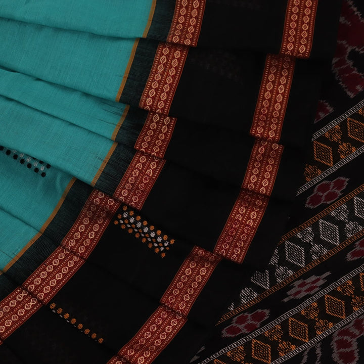 Full view of a green and black cotton Bomkai saree featuring traditional butta patterns