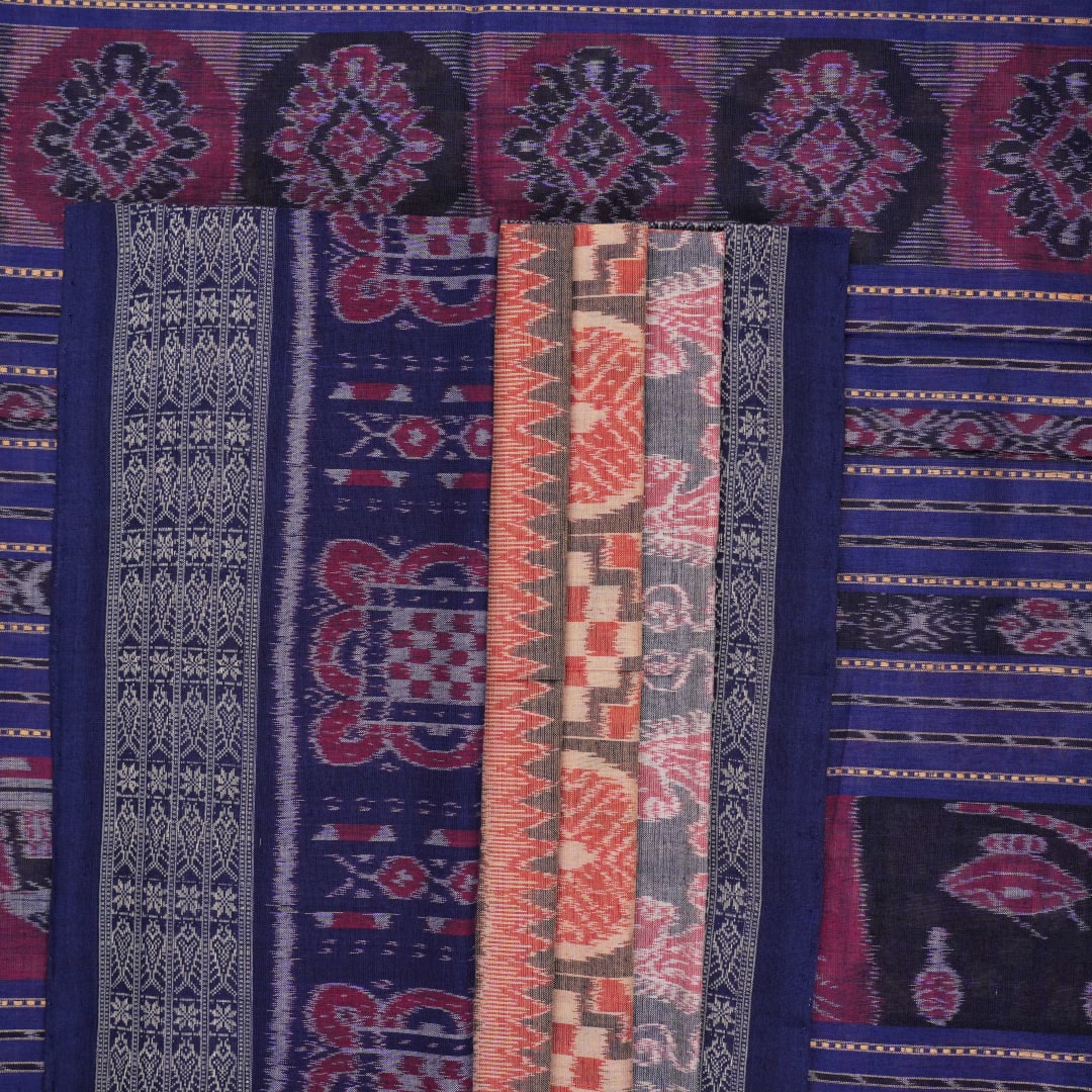 Full layout of blue and multi-color Sambalpuri cotton saree displaying motifs across the length.