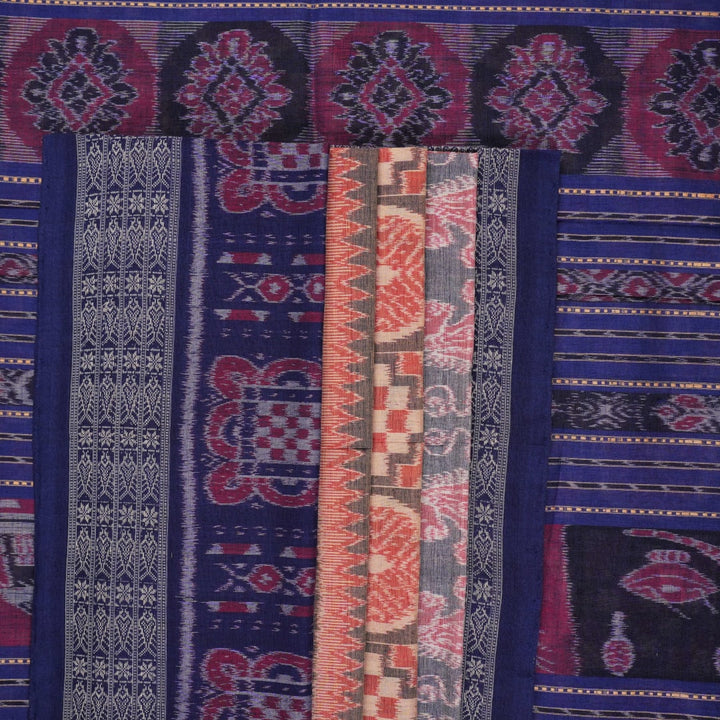 Full layout of blue and multi-color Sambalpuri cotton saree displaying motifs across the length.