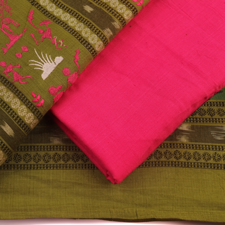 Sambalpuri cotton dress material: Detail of green blouse piece with pink motifs.