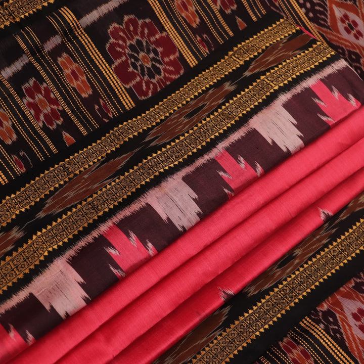 Model wears a handloom pink Khandua silk saree, styled to showcase its simple elegance.