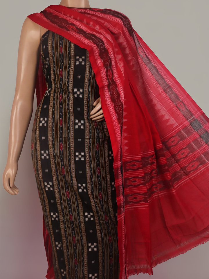 Detail of matching black and red Pasapalli cotton blouse piece for Sambalpuri dress material.
