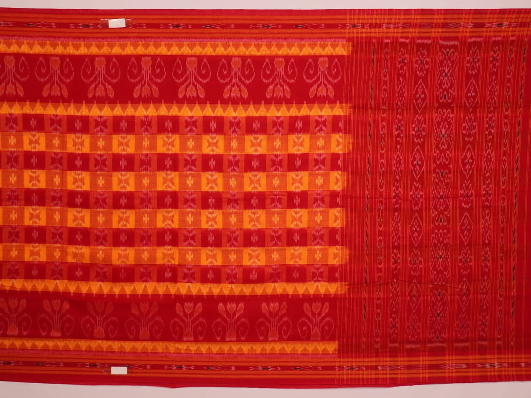 Styling view of yellow and red cotton Sambalpuri saree with motifs