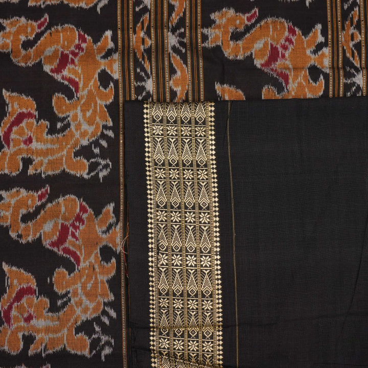 Full layout of green and black Sambalpuri cotton saree showcasing the complete pattern and motifs.