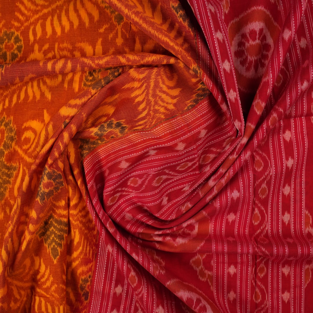 Full layout view of the yellow and red Sambalpuri cotton saree showcasing the complete body and border.