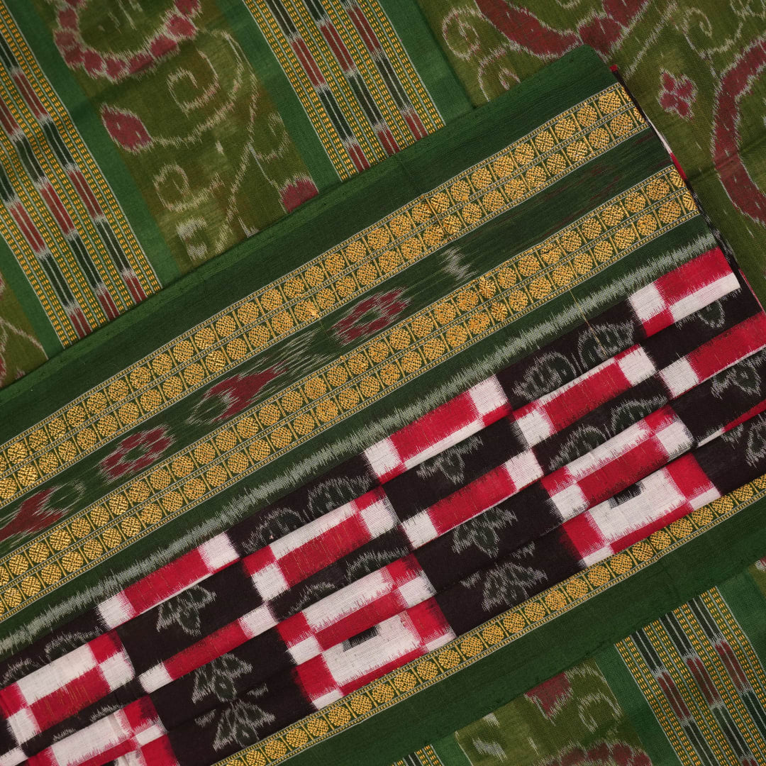 Full layout of a multi-color Sambalpuri cotton saree showcasing the green Pasapalli weave and borders.