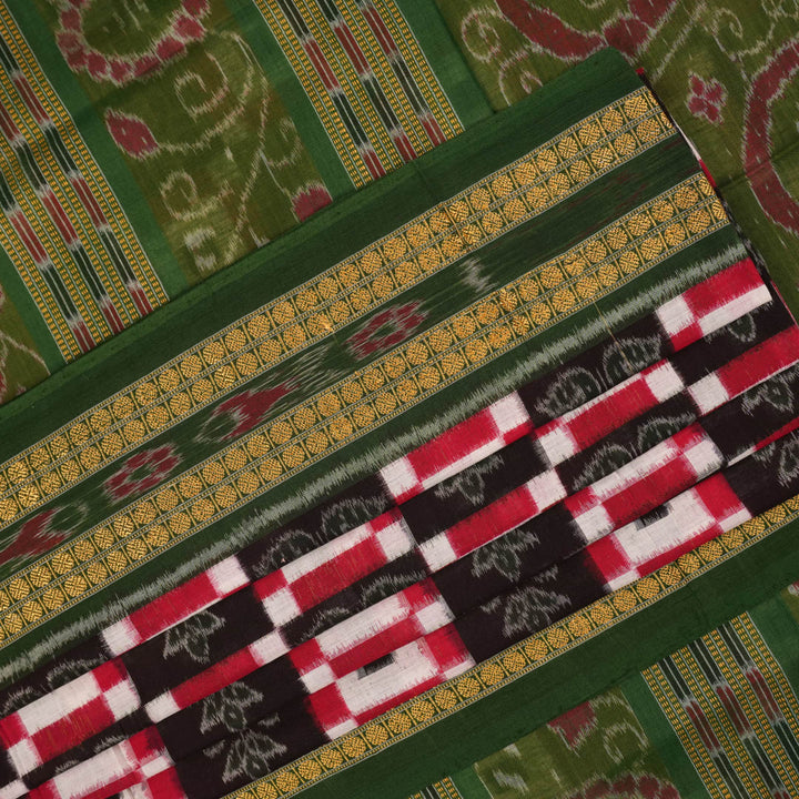 Full layout of a multi-color Sambalpuri cotton saree showcasing the green Pasapalli weave and borders.