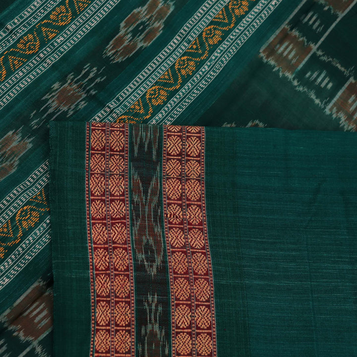 Full view of a multicolored green Bomkai cotton saree with butta pattern.