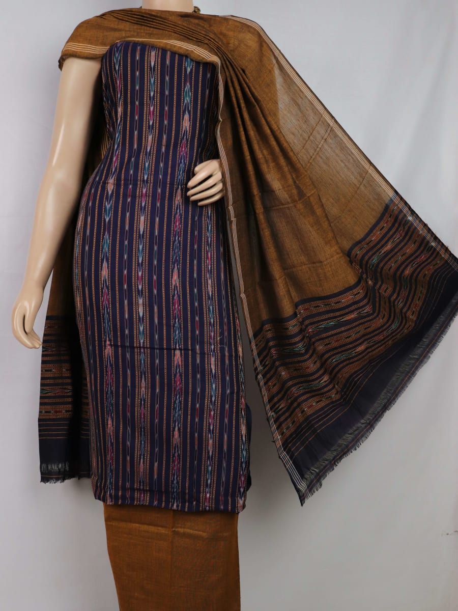 Blue and black cotton dress material with traditional Sambalpuri motifs on the blouse piece