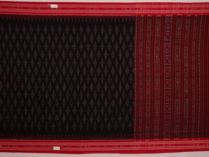 Black cotton Sambalpuri saree with red motifs, draped on a model