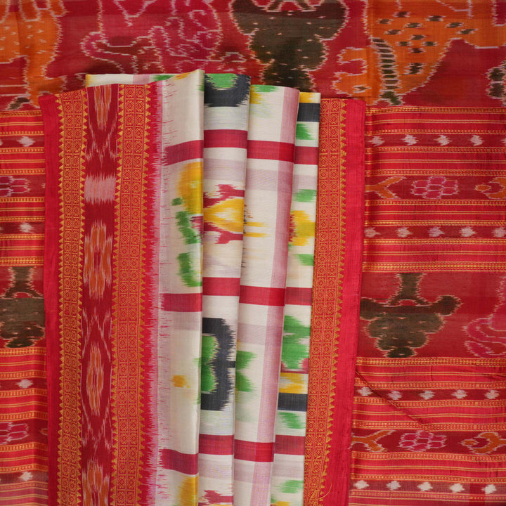 Model styled in a white and red Khandua silk saree showcasing its elegant fall and traditional Odia motifs.