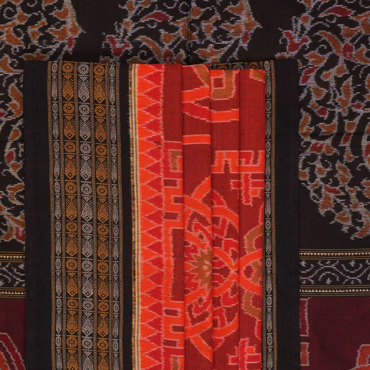 Full flat layout of the orange and black Sambalpuri cotton saree showing the body, border, and pallu