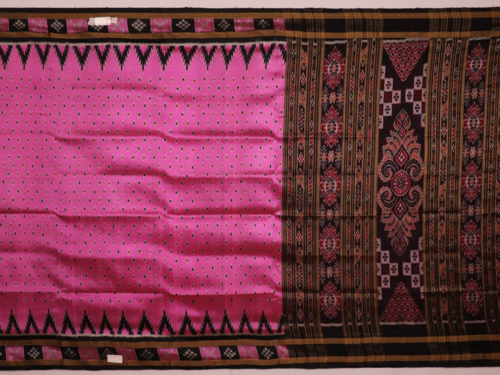 Pink Khandua Silk Saree with black motifs, styled and draped in traditional fashion