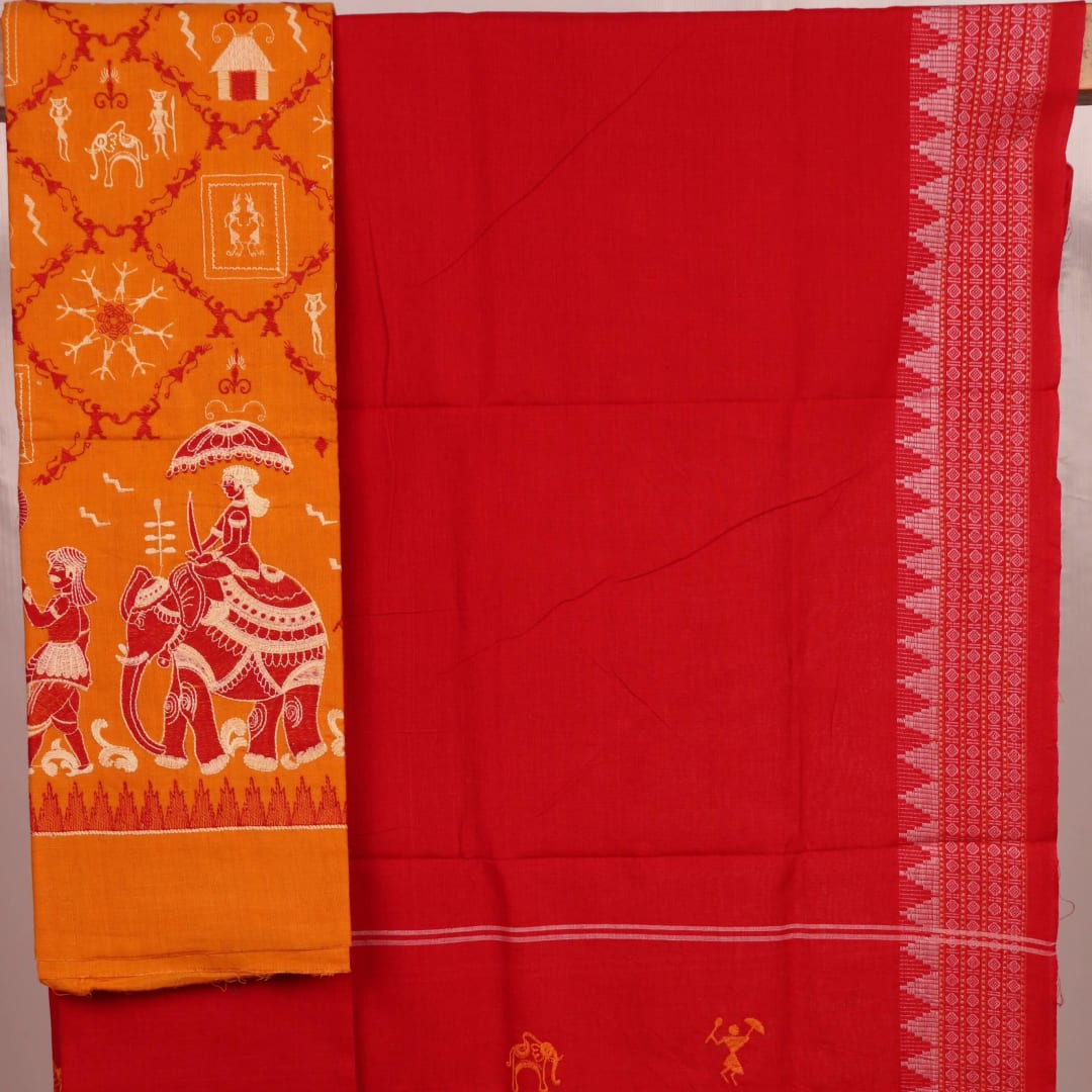 Close-up of Sambalpuri dress material blouse piece in yellow base with red doll motifs