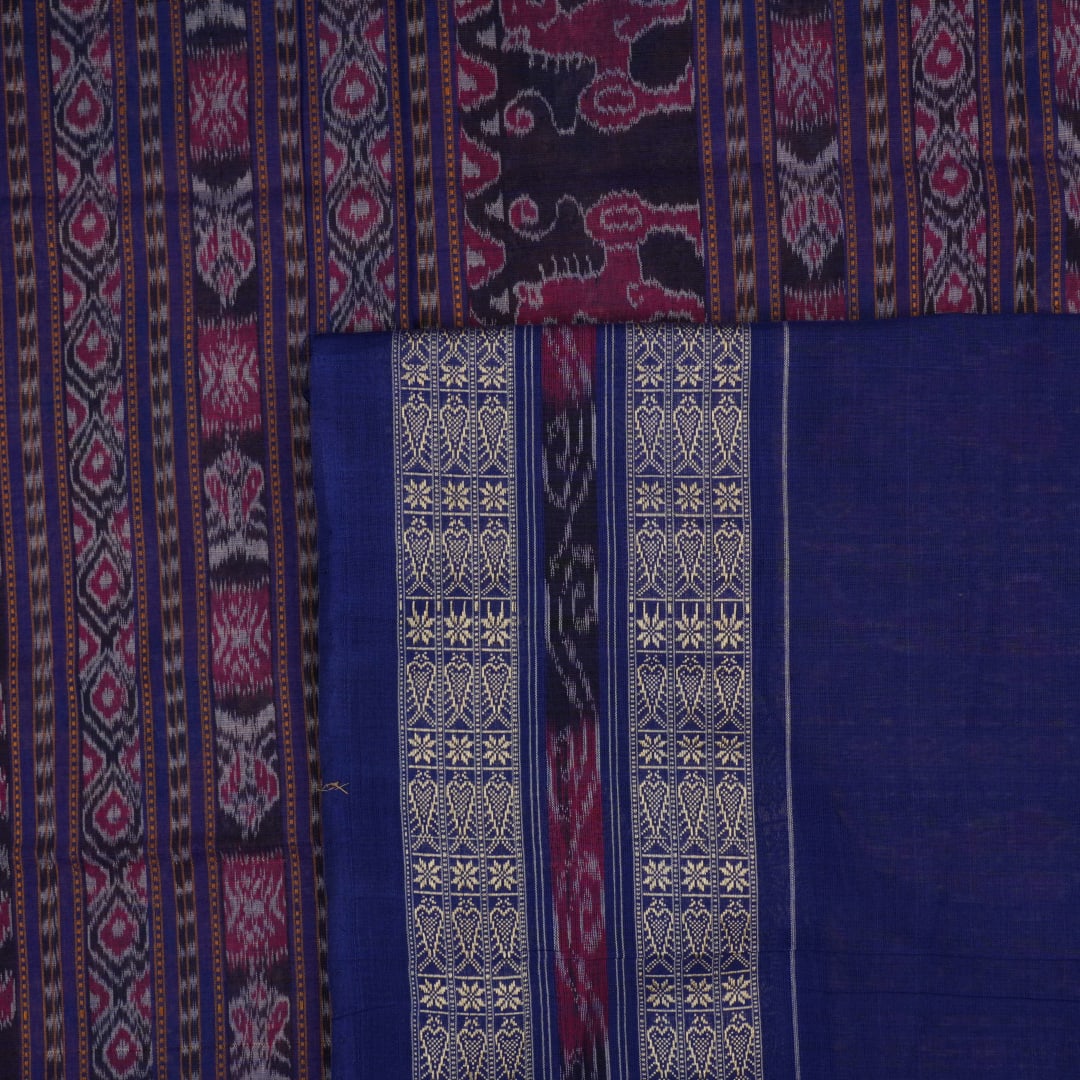 Full layout of the yellow and blue Sambalpuri cotton saree displaying the body, border, and pallu.