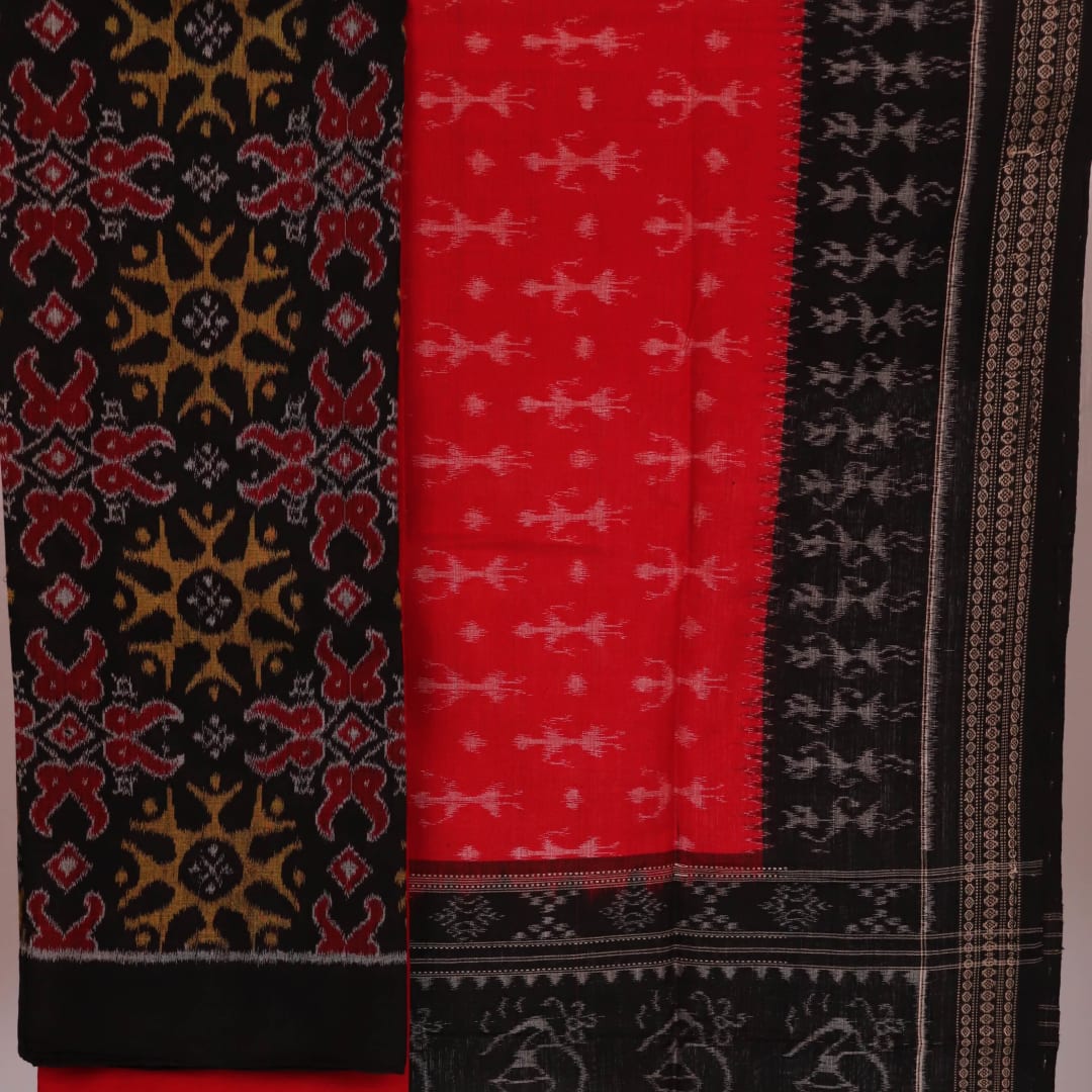 Detailed view of the red and black motifs on the cotton Sambalpuri dress material (Image 4 of 7)