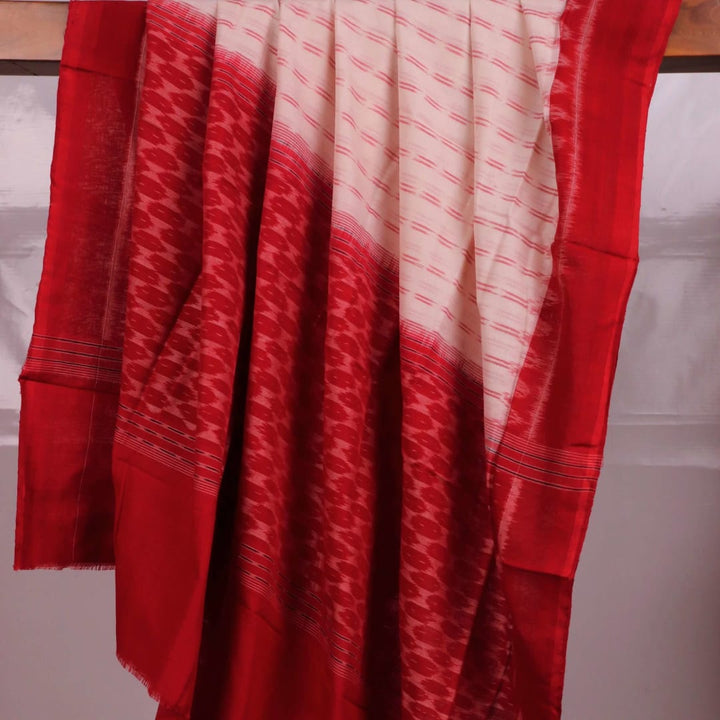 White and Red Sambalpuri Dupatta with Motifs Draped Gracefully