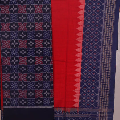 Detail of Sambalpuri blue and red cotton dress material blouse piece, featuring motifs.