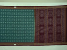 Full flat layout of green and maroon Sambalpuri cotton saree showcasing the complete body and pallu motifs.
